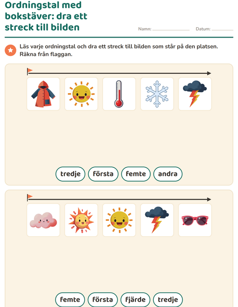 Förhandsvisning av Ordningstal-arbetsblad med Väder för Årskurs 1