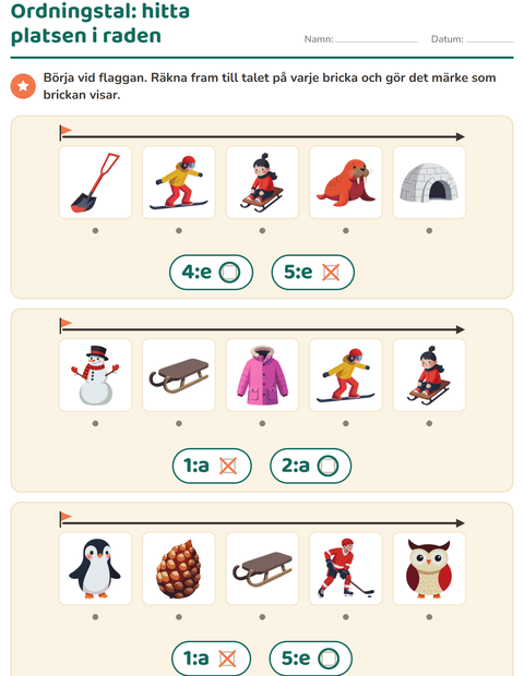Förhandsvisning av Ordningstal-arbetsblad med Vinter för Förskoleklass