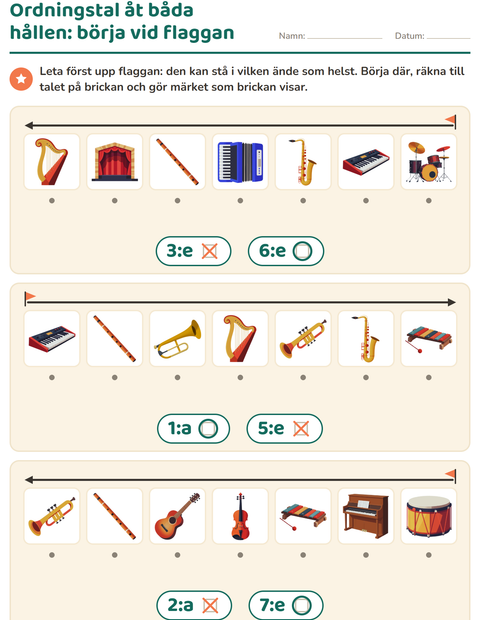 Förhandsvisning av Ordningstal-arbetsblad med Musik för Förskoleklass