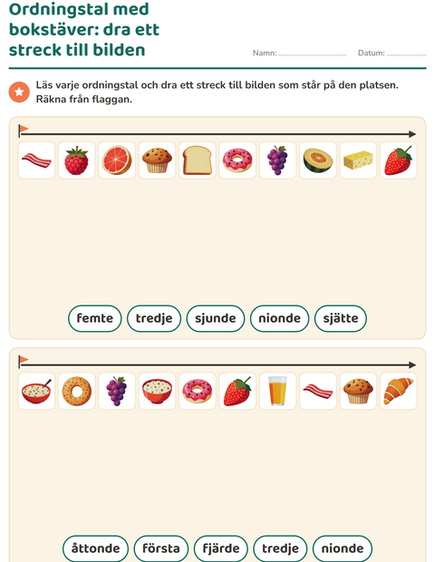 Förhandsvisning av Ordningstal-arbetsblad med Frukost för Årskurs 1
