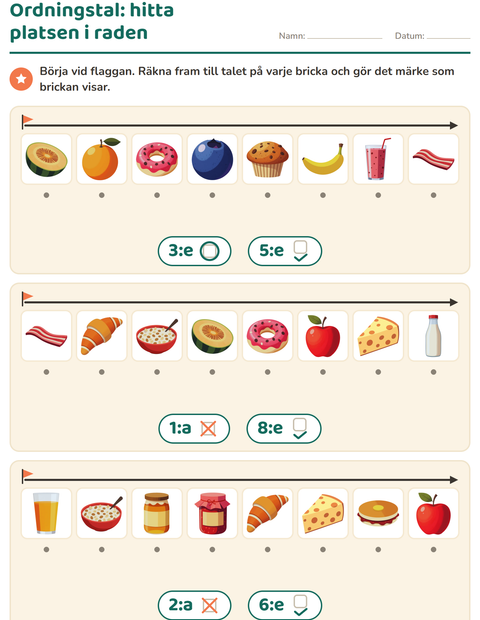 Förhandsvisning av Ordningstal-arbetsblad med Frukost för Förskoleklass