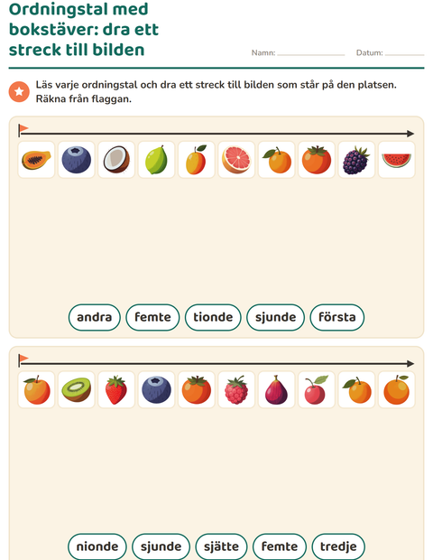 Förhandsvisning av Ordningstal-arbetsblad med Frukter för Årskurs 1
