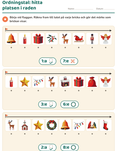 Förhandsvisning av Ordningstal-arbetsblad med Jul för Förskoleklass