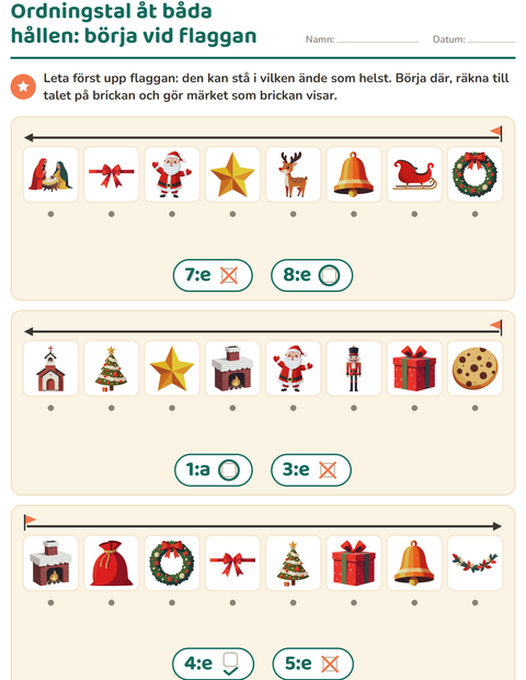 Förhandsvisning av Ordningstal-arbetsblad med Jul för Förskoleklass