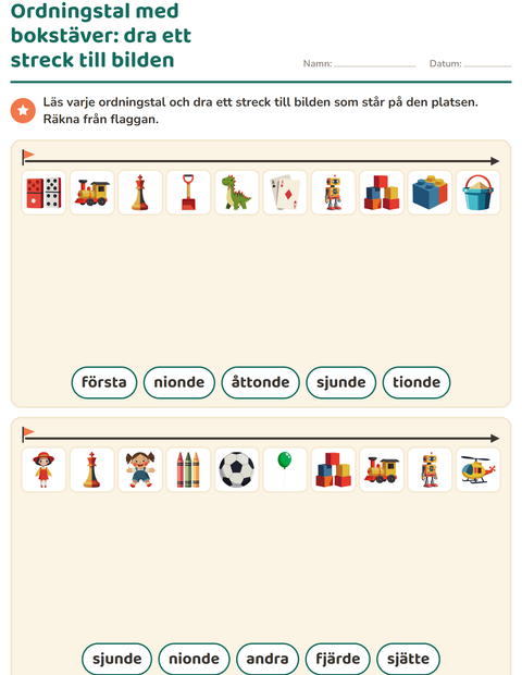 Förhandsvisning av Ordningstal-arbetsblad med Leksaker för Årskurs 1