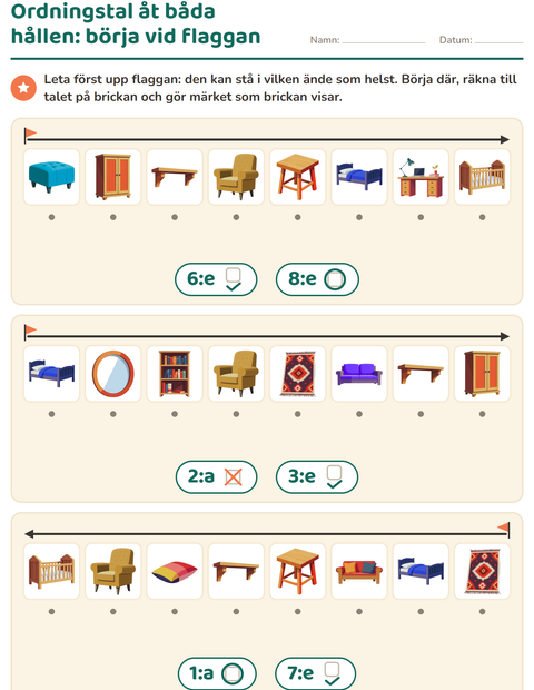 Förhandsvisning av Ordningstal-arbetsblad med Möbler för Förskoleklass