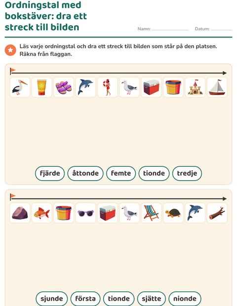 Förhandsvisning av Ordningstal-arbetsblad med Strand för Årskurs 1