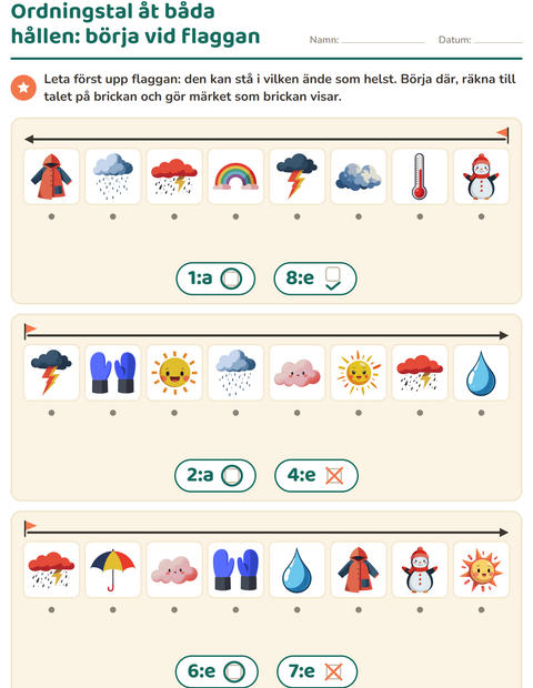 Förhandsvisning av Ordningstal-arbetsblad med Väder för Förskoleklass