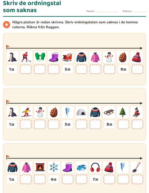 Förhandsvisning av Ordningstal-arbetsblad med Vinter för Årskurs 1