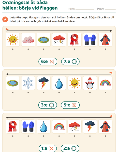 Förhandsvisning av Ordningstal-arbetsblad med Väder för Förskoleklass