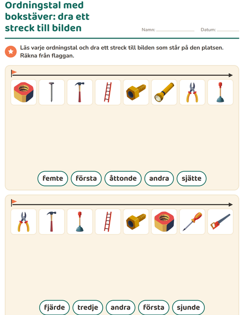 Förhandsvisning av Ordningstal-arbetsblad med Verktyg för Årskurs 1