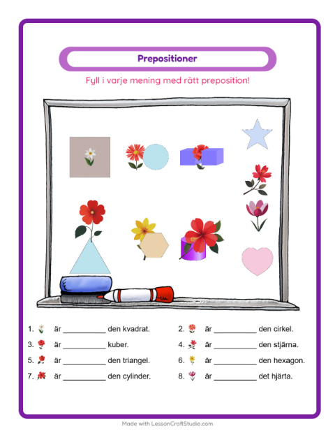 Förhandsvisning av Prepositioner-arbetsblad med Blommor för Förskoleklass
