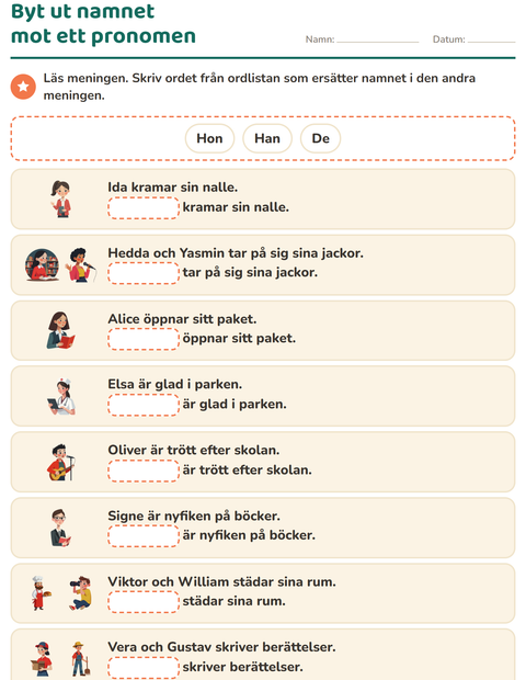 Förhandsvisning av Pronomen: han, hon eller de-arbetsblad för Årskurs 1