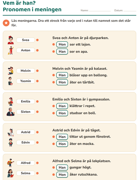 Förhandsvisning av Pronomen: han, hon eller de-arbetsblad för Årskurs 2