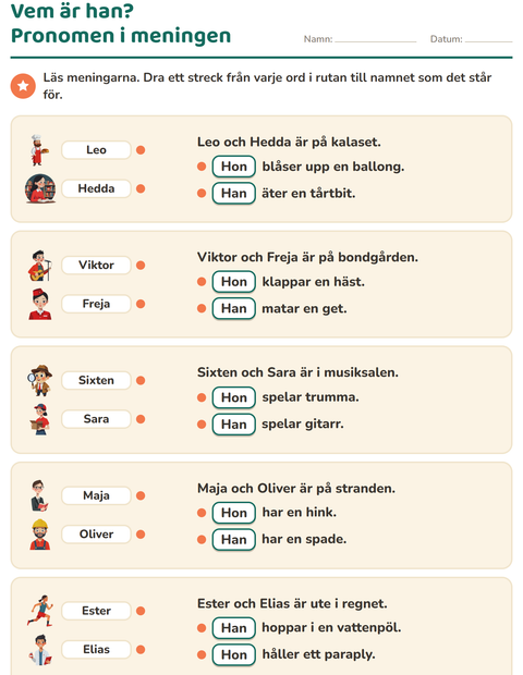 Förhandsvisning av Pronomen: han, hon eller de-arbetsblad för Årskurs 2
