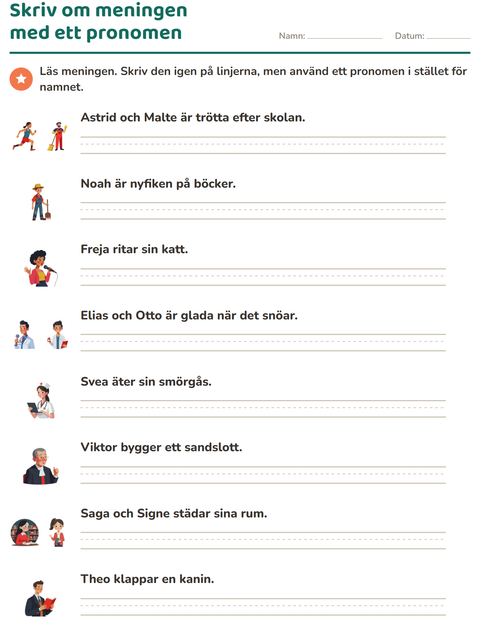 Förhandsvisning av Pronomen: han, hon eller de-arbetsblad för Årskurs 2