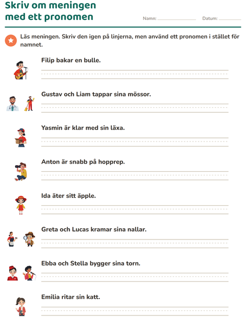 Förhandsvisning av Pronomen: han, hon eller de-arbetsblad för Årskurs 2