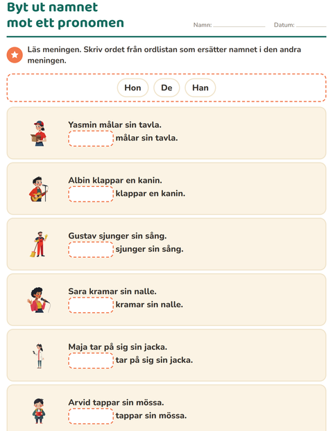 Förhandsvisning av Pronomen: han, hon eller de-arbetsblad för Årskurs 1