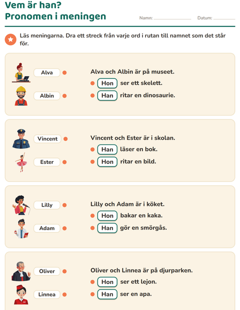 Förhandsvisning av Pronomen: han, hon eller de-arbetsblad för Årskurs 2