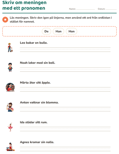 Förhandsvisning av Pronomen: han, hon eller de-arbetsblad för Årskurs 2