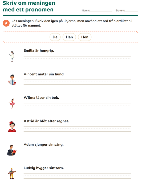 Förhandsvisning av Pronomen: han, hon eller de-arbetsblad för Årskurs 2