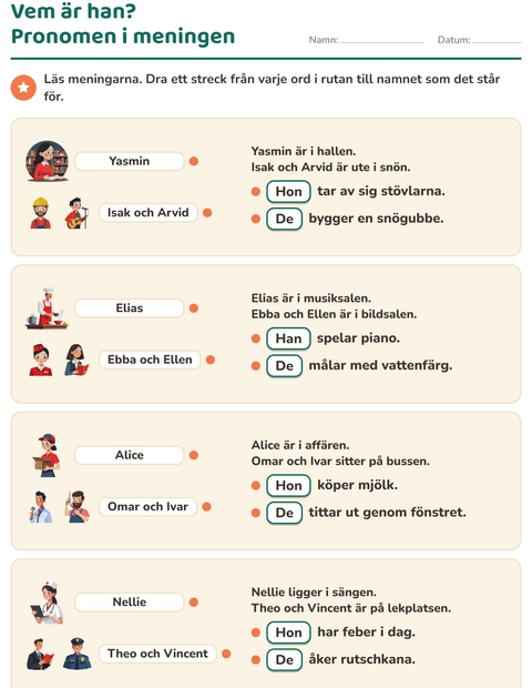 Förhandsvisning av Pronomen: han, hon eller de-arbetsblad för Årskurs 2