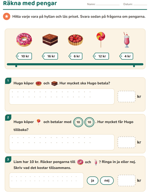 Förhandsvisning av Räkna pengar-arbetsblad med Efterrätter och godis för Årskurs 2