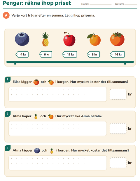 Förhandsvisning av Räkna pengar-arbetsblad med Frukter för Årskurs 2