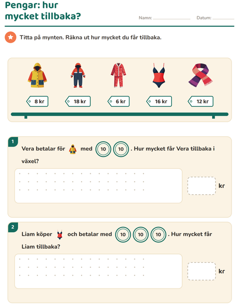 Förhandsvisning av Räkna pengar-arbetsblad med Kläder för Årskurs 2