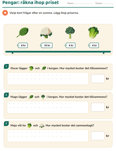 Förhandsvisning av Räkna pengar-arbetsblad med Grönsaker för Årskurs 2