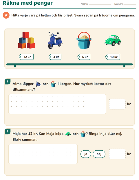 Förhandsvisning av Räkna pengar-arbetsblad med Leksaker för Årskurs 2