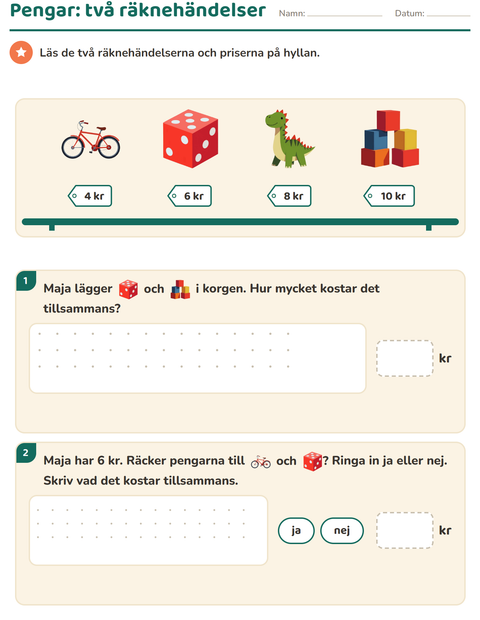 Förhandsvisning av Räkna pengar-arbetsblad med Leksaker för Årskurs 2