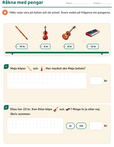 Förhandsvisning av Räkna pengar-arbetsblad med Musik för Årskurs 2