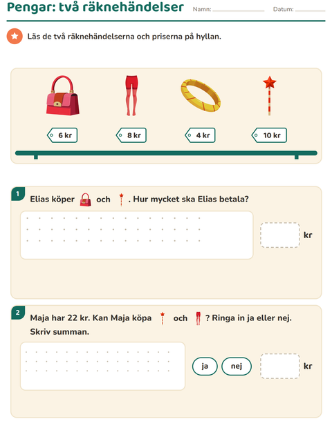 Förhandsvisning av Räkna pengar-arbetsblad med Tillbehör för Årskurs 2