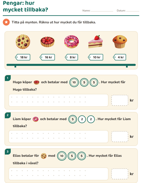 Förhandsvisning av Räkna pengar-arbetsblad med Efterrätter och godis för Årskurs 2