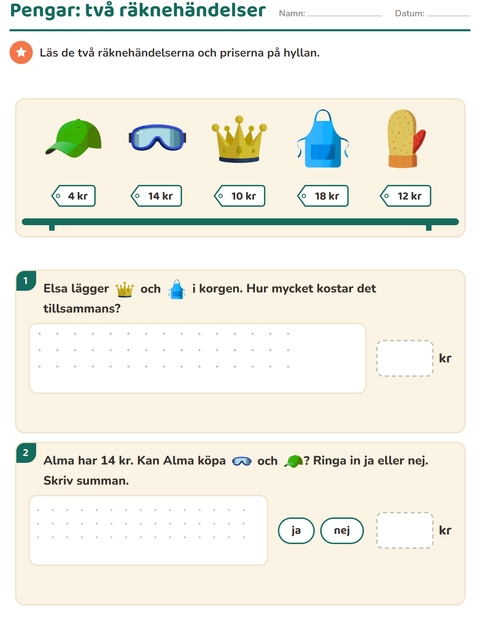 Förhandsvisning av Räkna pengar-arbetsblad med Tillbehör för Årskurs 2