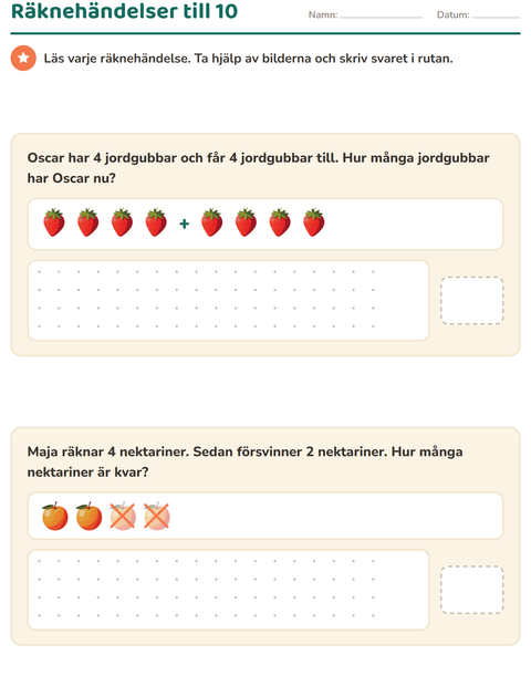 Förhandsvisning av Räknehändelser-arbetsblad med Frukter för Årskurs 1