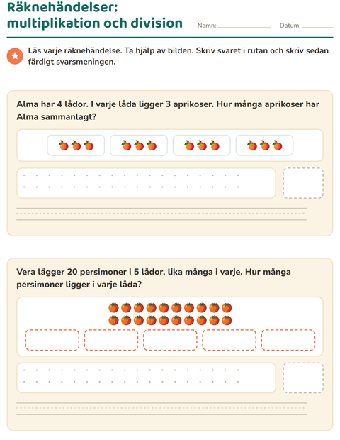 Förhandsvisning av Räknehändelser-arbetsblad med Frukter för Årskurs 3
