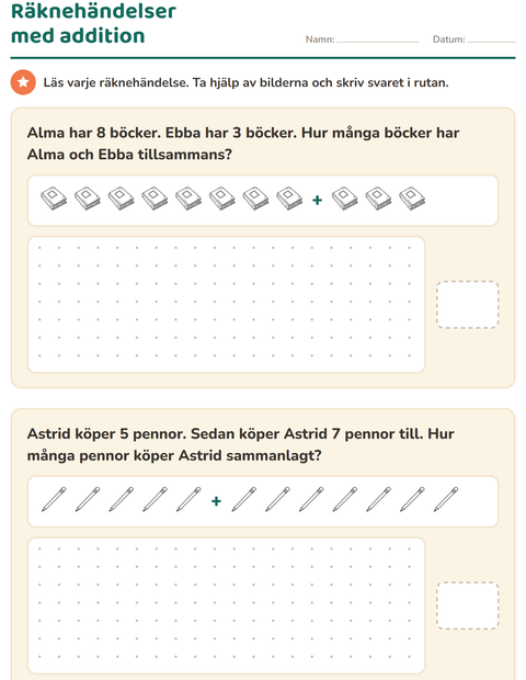 Förhandsvisning av Räknehändelser-arbetsblad med Klassrum (S/V) för Årskurs 1