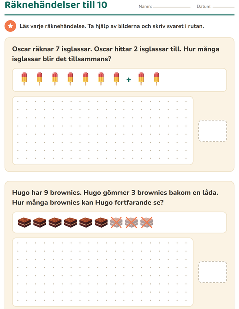 Förhandsvisning av Räknehändelser-arbetsblad med Efterrätter och godis för Årskurs 1