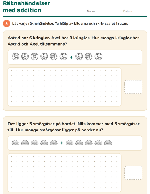 Förhandsvisning av Räknehändelser-arbetsblad med Mat SV 2 för Årskurs 1