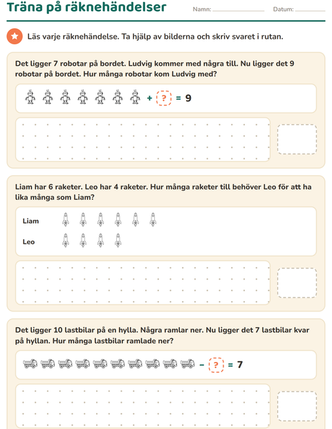 Förhandsvisning av Räknehändelser-arbetsblad med Leksaker SV 2 för Årskurs 1