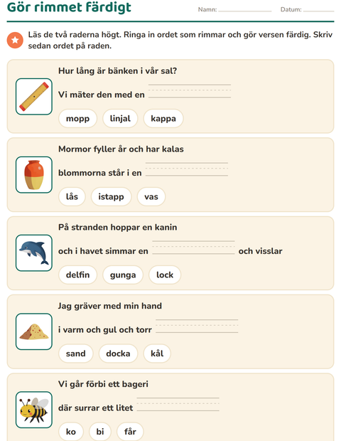 Förhandsvisning av Rimord-arbetsblad för Årskurs 1