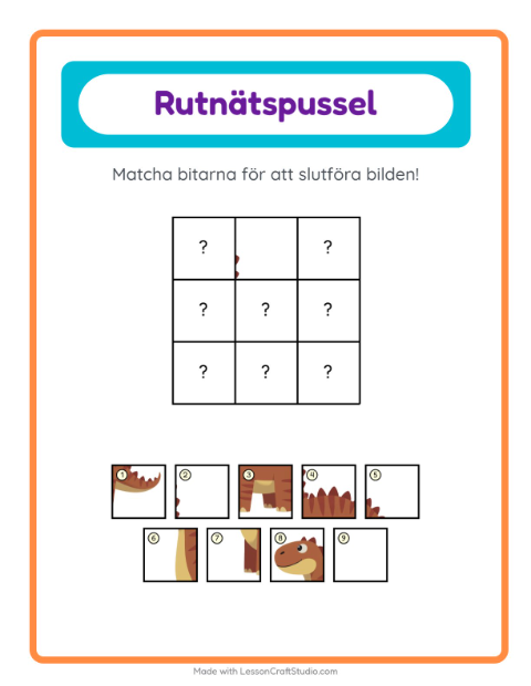 Förhandsvisning av Rutmatchning-arbetsblad med Dinosaurier för Förskoleklass