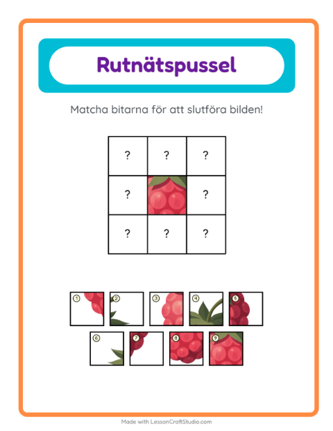 Förhandsvisning av Bildrutnät med frukter – arbetsblad för förskolan