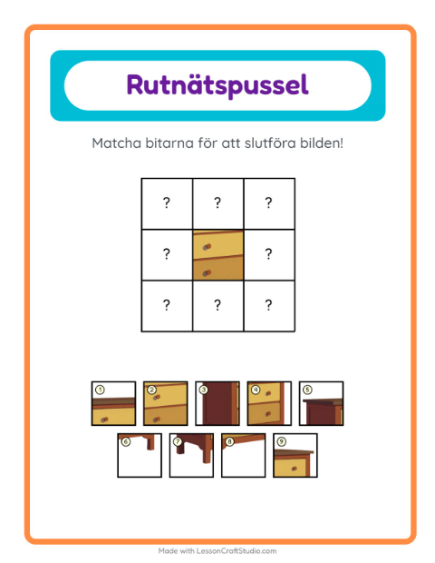 Förhandsvisning av Rutmatchning-arbetsblad med Runt huset för Förskoleklass