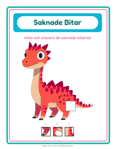 Förhandsvisning av Saknade Bitar-arbetsblad med Dinosaurier för Förskoleklass