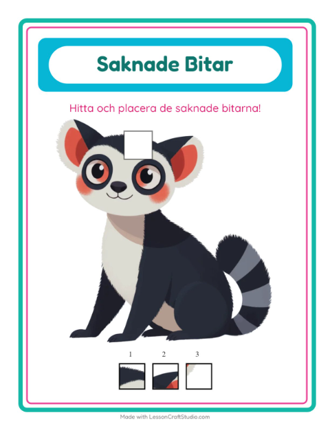 Förhandsvisning av Saknade Bitar-arbetsblad med Djurparksdjur för Förskoleklass