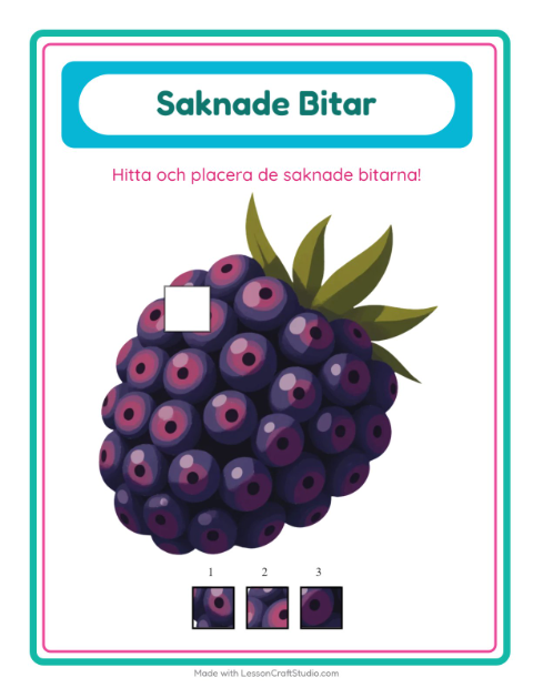 Förhandsvisning av Hitta den saknade biten med frukter – arbetsblad för förskolan
