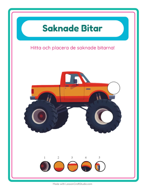 Förhandsvisning av Hitta de saknade bitarna med fordon – arbetsblad för förskolan